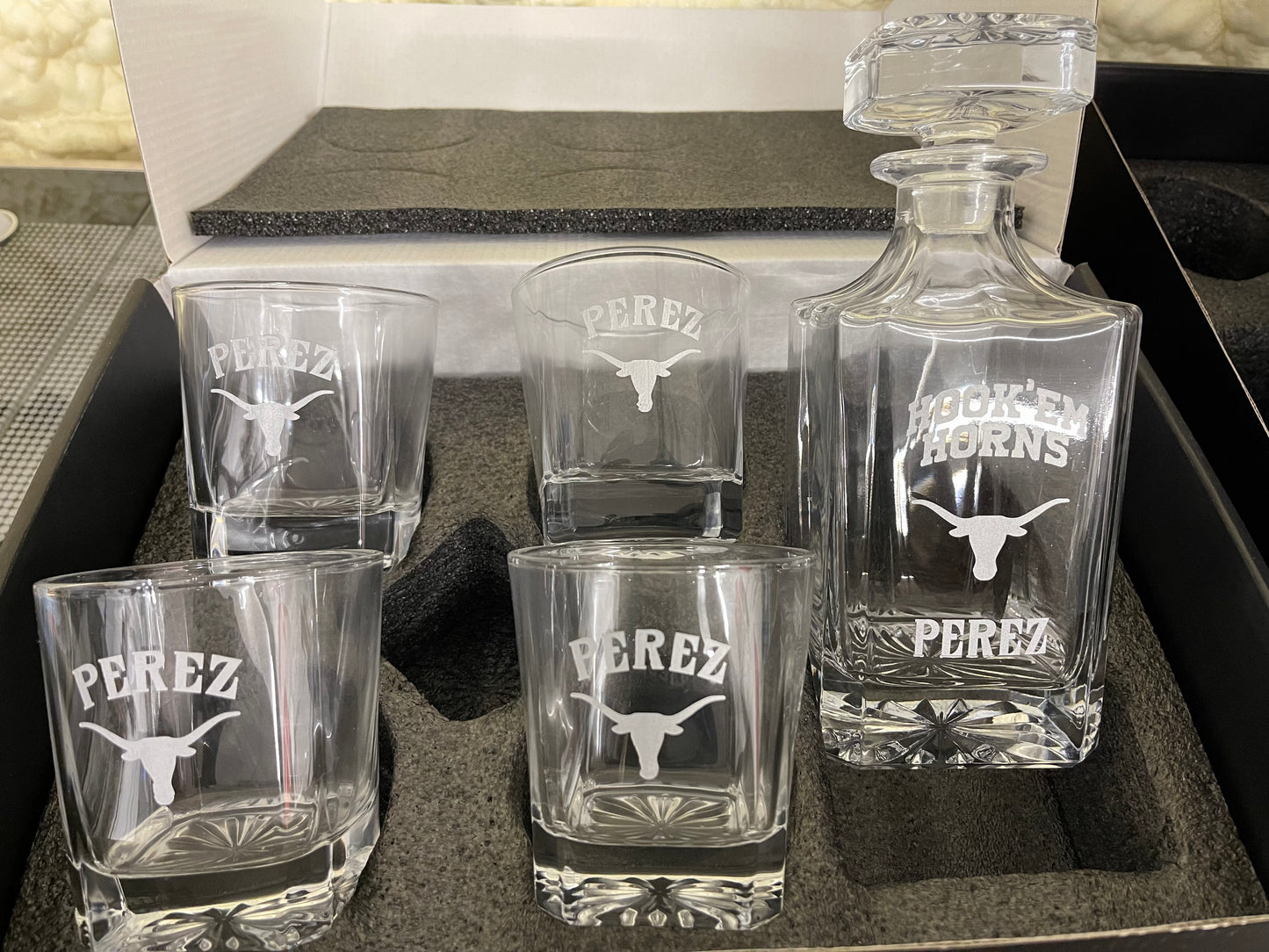 Laser engraved 5 piece--One 750mL Decanter and Four 11oz Whiskey glass set