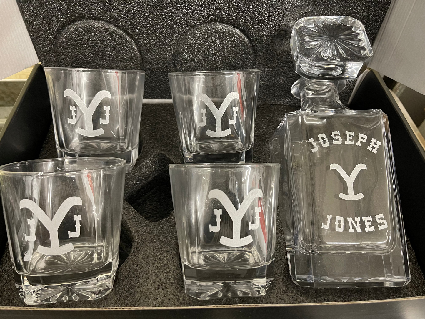 Laser engraved 5 piece--One 750mL Decanter and Four 11oz Whiskey glass set