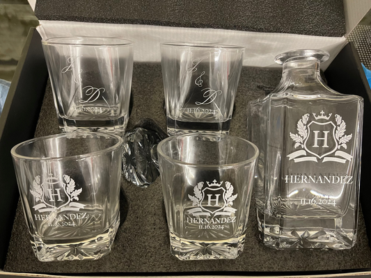 Laser engraved 5 piece--One 750mL Decanter and Four 11oz Whiskey glass set