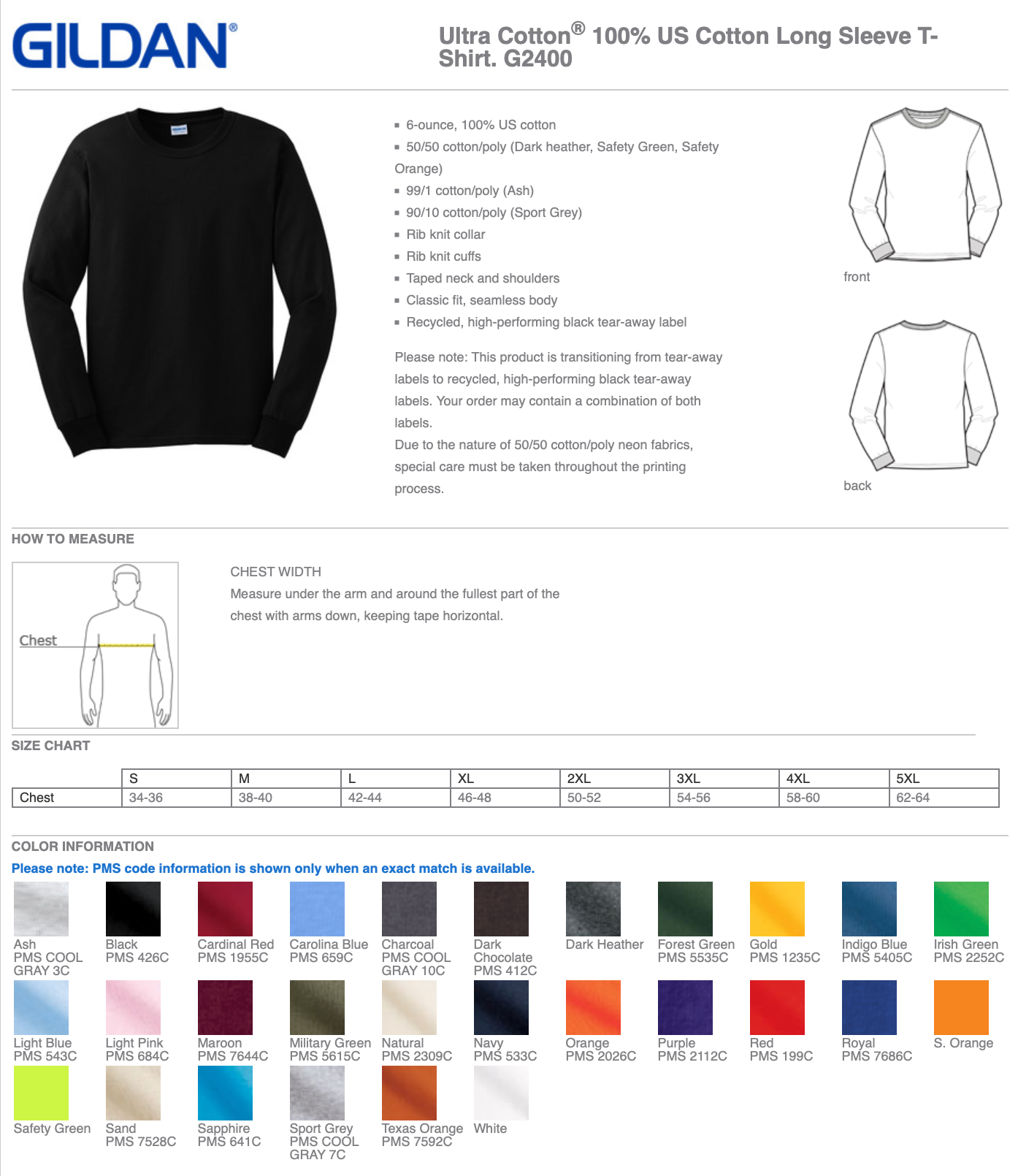 Gildan® Ultra Cotton® G2400 100% US Cotton Long Sleeve T-Shirt